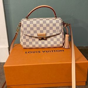 This is the Louis Vuitton Paris Croisette. The material is Damier Azur Canvas.